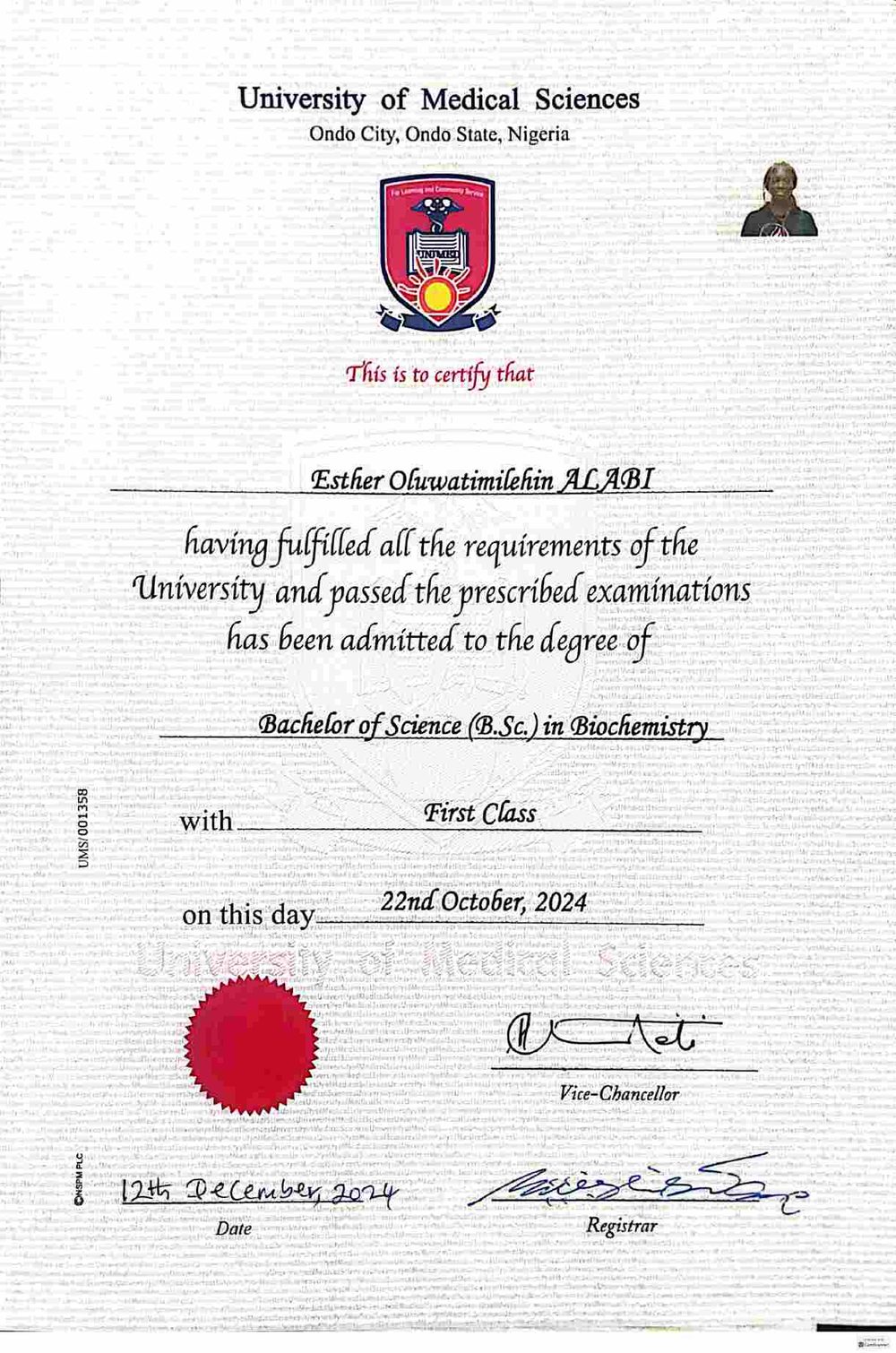 BSc Biochemistry, First Class Honours certificate